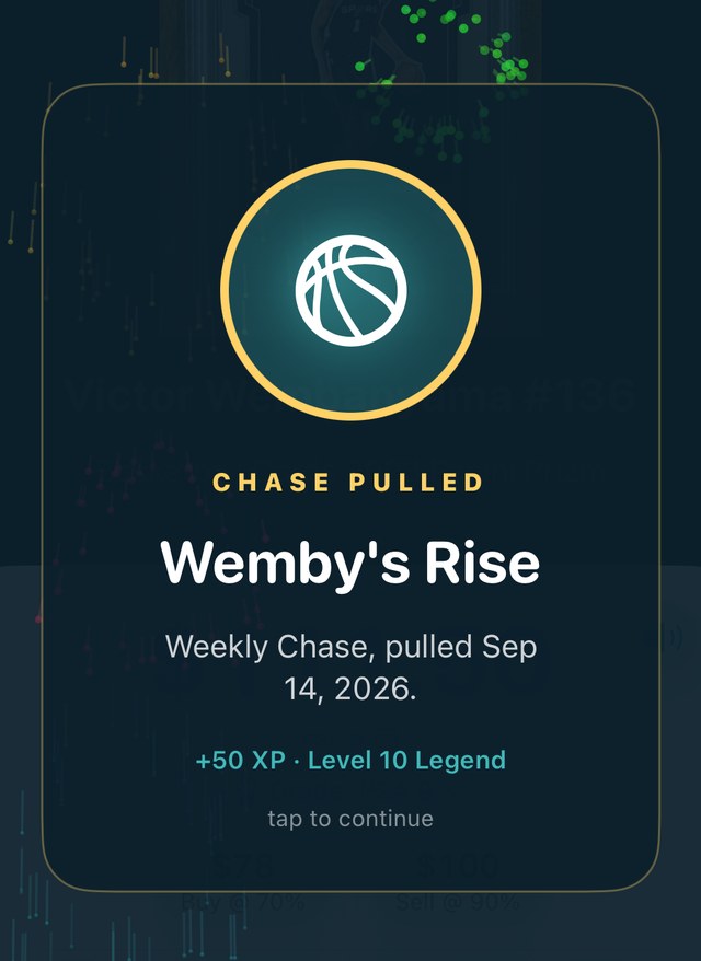 Card Glance announcing a pulled Chase: a gold-ringed basketball badge over the words Chase Pulled, Wemby's Rise, Weekly Chase, plus 50 XP