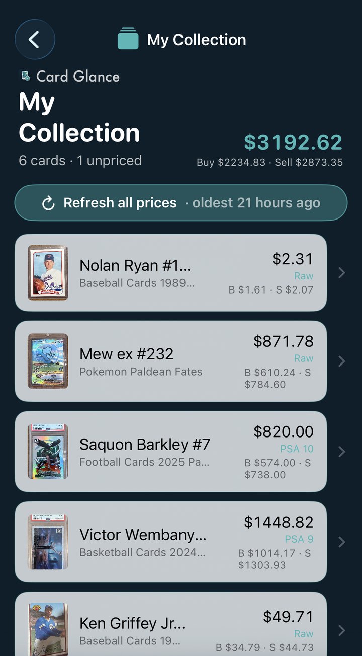 A collection in Card Glance totalling $3,192.62 across six cards, each row showing its price, grade and your buy and sell figures