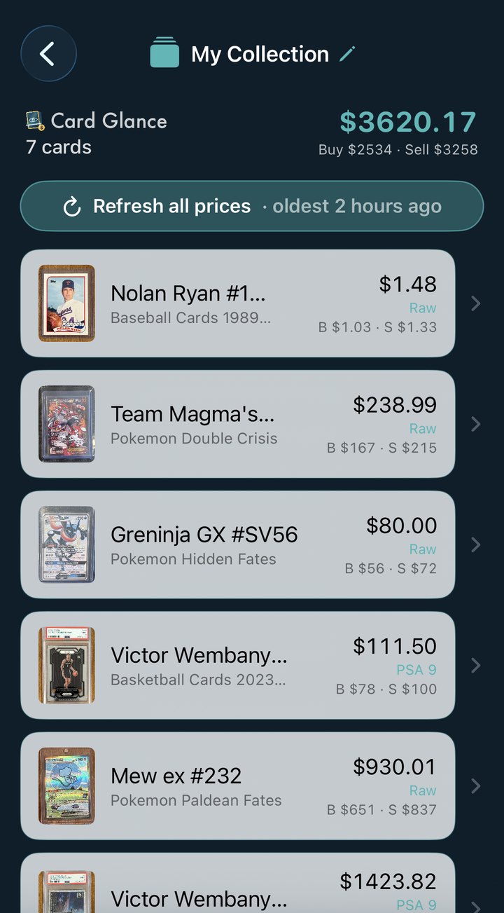 A collection in Card Glance totalling $3,620.17 across seven cards, each row showing its price, grade and your buy and sell figures