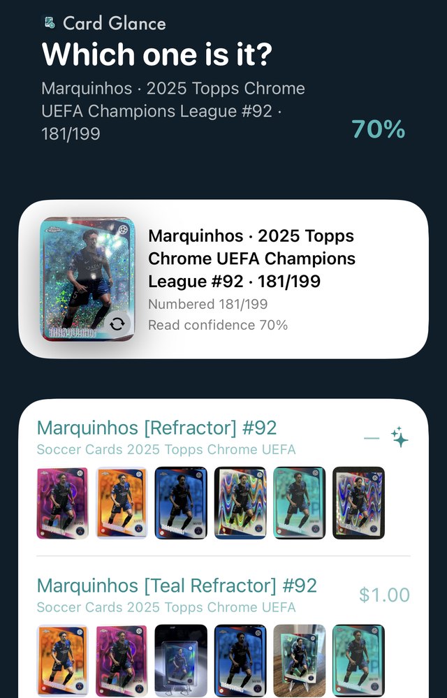 Card Glance asking which variation a numbered Marquinhos card is, listing Refractor, Teal Refractor and Blue Refractor with eBay photos and prices for each