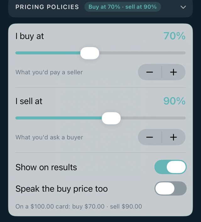 Card Glance settings: sliders setting buy at 70% and sell at 90% of market, with a live example on a $100 card