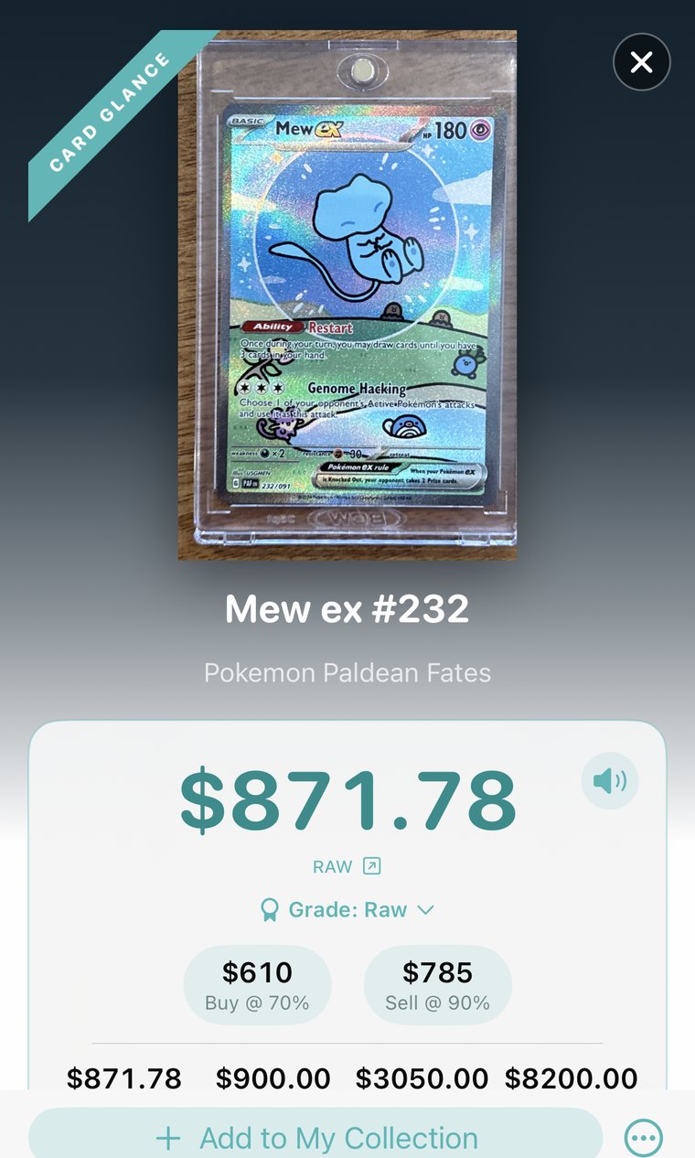 A raw Mew ex from Paldean Fates in a toploader, priced at $871.78 raw, with $900, $3,050 and $8,200 for Grade 9, PSA 10 and BGS 10 beneath