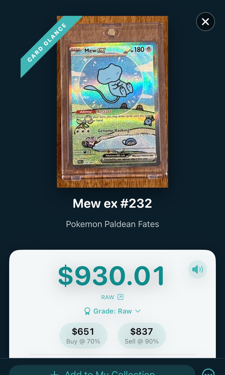 A raw Mew ex from Paldean Fates in a toploader, priced at $930.01 raw, with buy and sell figures and the graded prices beneath